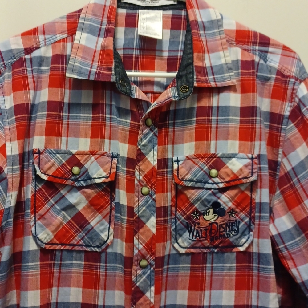 Disney Parks Mens S Graphic Shirt Red Plaid Pearl Snaps Mackey mouse emb… - Picture 3 of 6